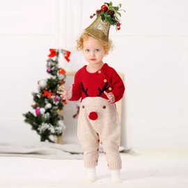DovFanny Baby Romper Baby Boys Girls Cute Christmas Jumpsuit Winter Knit Reindeer Long Sleeve Warm Outfit for Newborn Baby Red 12-18 Months