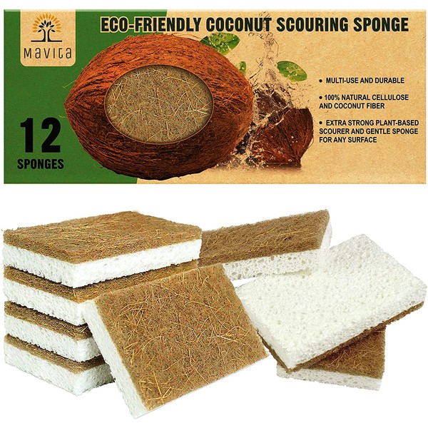 MaVita Biodegradable Natural Cleaning Kitchen Sponges - 12 Pack - Cellulose Eco Friendly Coconut Husk Scrubber for Dishes - No Odor