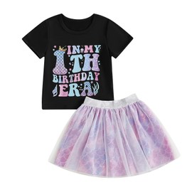 MAHUAOYIXI Baby Girl 2Pcs Birthday Outfits Letter Print Short Sleeve Tops Tshirts + Fish Scale Tulle Tutu Skirt Set Toddler Girls Clothes Girls Birthday Clothing Set (Purple FIVE, 5-6 Years)