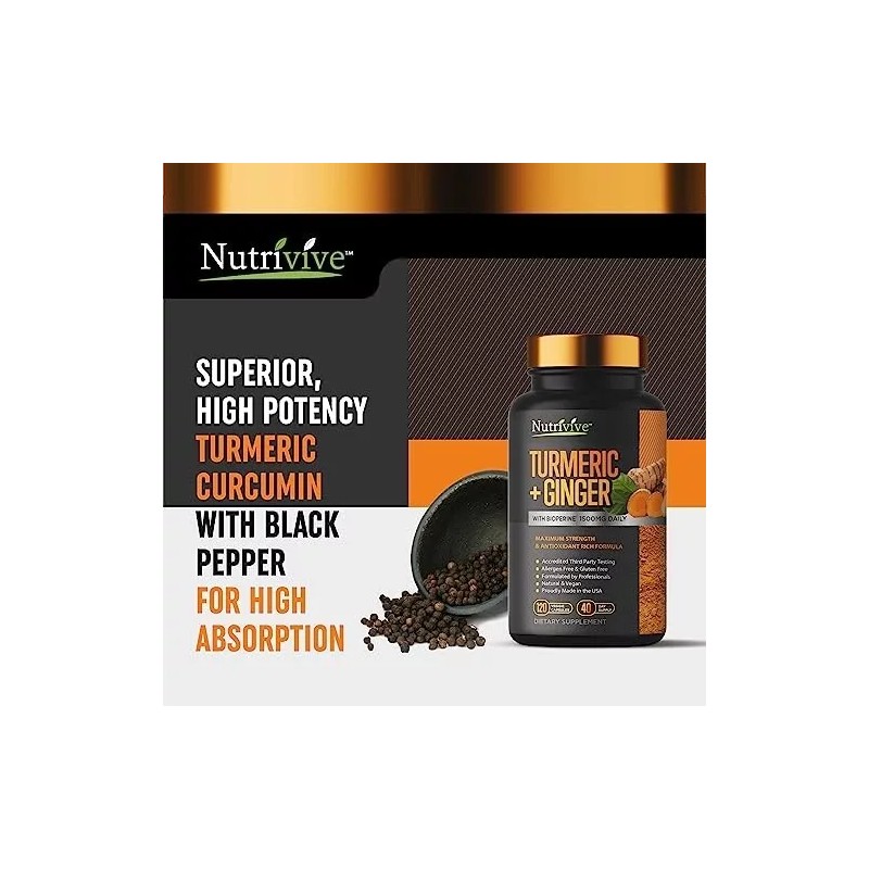 Nutrivive Turmeric Curcumin w/Ginger BioPerine 1500mg Blk Pepper 120 Caps-X-9/26