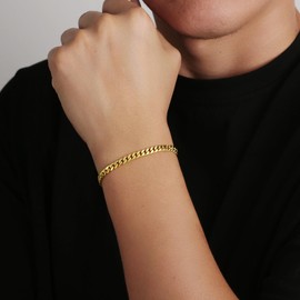 KRKC&CO Men’s Bracelets, Flat-Cut Cuban Link Bracelet 14K Gold Plated Stainless Steel 5mm, Anti-Tarnish Nickel-Free, Thin Gold Hand Bracelet for Men(5mm-14K Gold Plated, 8)