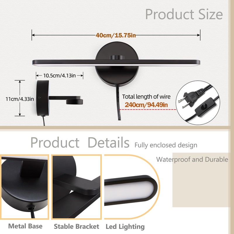 MantoLite LED Vanity Lighting Fixtures, 16inch Wall Mounted Plug in