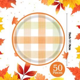 HiEnjoin 50 Pcs Fall Plaid Paper Plates Set, Orange Gingham Paper Plates Disposable Dessert Plates Autumn Harvest Dinner Party Supplies Tableware Set for Wedding Birthday Party Decor
