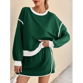 Fisoew Womens Sweatsuits 2 Piece Set Crewneck Sweatshirts High Waisted Skort Skirts Tennis Running Tracksuits Shorts Sets