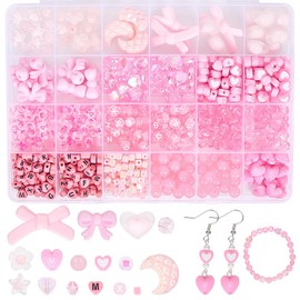 SOFPLATE 1 Box 828Pcs Pink Assorted Beads Friendship Bracelet Making Kit Valentine's Day Holiday Acrylic Flower Star Bowknot Heart Alphabet Bead Bulk Loose Valentines Beads for Jewelry Making Crafts