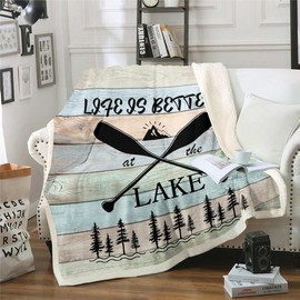Lake House Decor Throw Blanket For Home Throw 50"X60",Rustic Cabin Mountain Woodland Fleece Bed Blanket For Country Lodge Lake Paddle Fishing Sherpa Blanket Farmhouse Wooden Board Soft Flannel Blanket