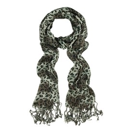 Elegant Leopard Animal Print Scarf with Fringe, Gray/Brown
