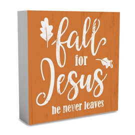 WRSUNT Rustic Sentimental Quote GiftWood BoxSign,Farmhouse Fall for Jesus He NeverLeaves Artwork Decor,Autumn ThanksgivingWooden Square Sign Desk Block Signs Home Office Decoration 5x5''(WRSUNT4047)