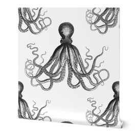 Peel & Stick Wallpaper Swatch - Vintage Octopus Steampunk Kraken Black White Animal Ocean Underwater Custom Removable Wallpaper by Spoonflower