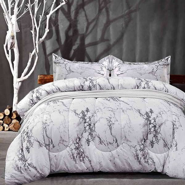 Nanko Comforter Set King Size, White Black Marble Print 104 x 90 inch Reversible Down Alternative Comforter Microfiber Duvet Sets (1 Comforter + 2 Pillow) Modern Bedding for Women Men,Gray Grey