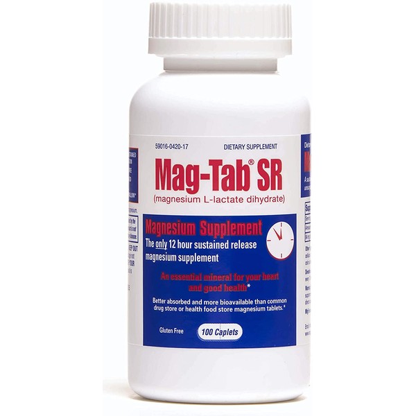 Mag-Tab®SR -100 Count Bottle- Magnesium Supplement With 41% Absorption Rate for Magnesium Deficiency. Sustained-Release Magnesium for Lactate Formulation for Optimal Magnesium Bioavailability.