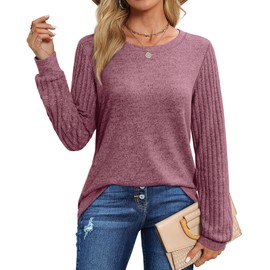 WIHOLL Womens Long Sleeve Tops Dressy Casual Fashion Tshirts Round Neck Solid Color Tee Red L