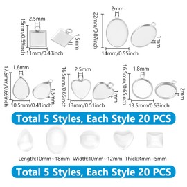 UNICRAFTALE 200pcs 5 Styles Cabochon Charms Stainless Steel Blank Bezel Pendant Trays Oval Teardrop Heart Flat Round Square Base Cabochon Charm with Glass Cabochons 10~22mm Long for Jewelry Making