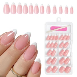 Goiern Pack of 120 French Press On Nails Medium Almond False Nails, White French Tips Nail Press Nails Gel Shiny Nude Almond Nails Nail Press Artificial
