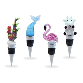Cheers Mermaid Tail, Flamingo, Rooster, and Cow Glass Wine Stopper Set of 4 – Elegant Vacuum Seal Reusable Wine Bottle Stoppers – Airtight Leak Proof Bottle Topper Cork Plug and Bar Tool Accessory