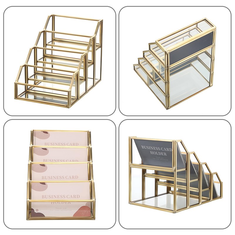 Hipiwe 4 Slots Glass Business Card Holder for Desktop, Gold