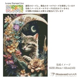 AN-diaart AMAB-19 Aurora Beads Diamond Art Kit, A3, Square Beads, Beginner, Moon, Illusion, Cat