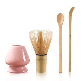 Matcha Tea Set with Whisk and Spoon, Matcha Whisk Kit with Ceramic Whisk Holder Scoop Matcha Ceremony Accessory Set Matcha Gift Set(Pink)