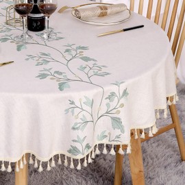 SUCHDECO Round Tablecloth 120 cm Washable Linen Cotton Beige Tablecloth Wrinkle-Free Dustproof with Green Embroidered Leaves, Tassels for Kitchen, Dining Room, Dining Table, Coffee Table, Garden Table