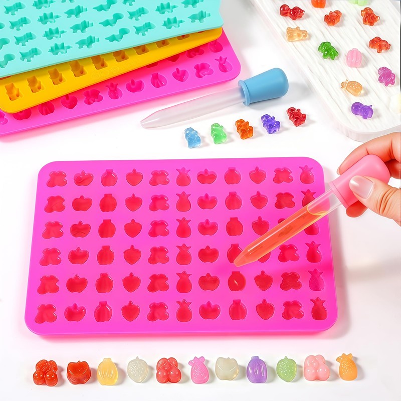 Gummy Candy Molds with 2pcs Droppers, Silicone Bear Dinosaur Fruit