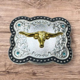 Western Stakes - Hebillas de cinturón de vaquero para hombre, diseño de cuerno largo dorado de gama alta, hebilla de cinturón grande, para hombre, vaquero occidental, hechas a mano, hebillas