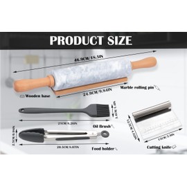 SIPARUI Marble Rolling Pin Set with Silicone Pastry Mat,Stainless Steel Scraper,Silicone Brush,Silicone Tongs,18.5 inch Polished Non-Stick Roller for Pizza Dough,Fondant,Pie Crust(Gray White)