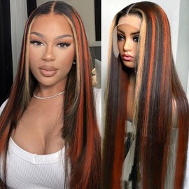 30 Inch Highlight Ginger Blonde Lace Front Wigs Human Hair Skunk Stripe 13x4 Lace Frontal Wig Pre Pluckrd with Baby Hair Straight Black Ginger and Blonde Ombre Wigs Glueluess Human Hair for Women