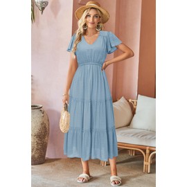 VOTEPRETTY Women's 2024 Spring Fashion Long Dresses Bohemian Short Sleeve V Neck Baby Blue Vacation Outfits Beach Maxi Summer Dress(Baby Blue,L)