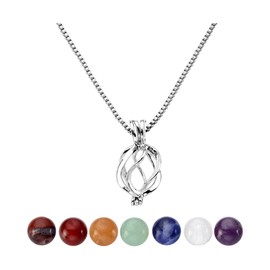 JSDDE 7 Chakra Reiki Healing Crystal Gemstones Natural Beads Round Shape Hollow Locket Pendant Necklace (Silver)