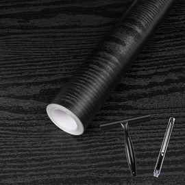 Abyssaly Black Wood Grain Contact Paper Peel and Stick Wallpaper Wooden Look Self-Adhesive Thicken Wallpaper Vinyl Wrap for Cabinets Countertops Shelf with Scraper, Paper Cutter 17.7" x 118"