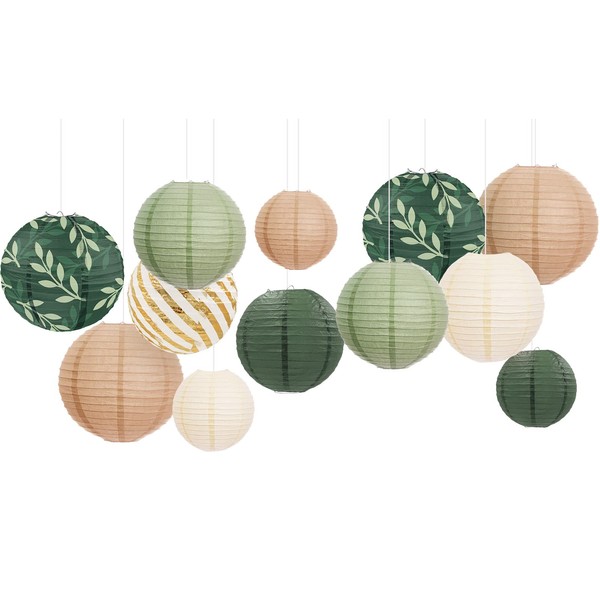 AOBKIAT Party Decorations Paper Lanterns Set, 12Pcs Green Brown Hanging