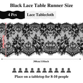 4Pcs Black Lace Table Runner, 14*118 Inch Large Floral Pattern Lace Tablecloth, Black Table Runner for Wedding Bridal Baby Shower