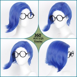 BEAUEXE Short Straight Blue Bob Wig for Cosplay Side Part Asymmetrical Wig Anime Movie Costume Wig with Round Frame Glasses
