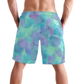 visesunny Turquoise Blue and Violet Mermaid Scale Print Men's Beach Short Hot Summer Swim Trunks Sports Running Bathing Suits