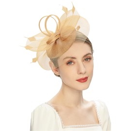 BUDUBIBI Fascinator Hat for Women, Mesh Veil Flower Feather Headband Clip Butterfly Bow Derby Hat for Bridal Wedding Tea Party, Gold