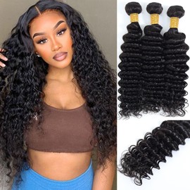 DSEKCAIN Deep Wave Human Hair Bundles 18 20 22 Inch Deep Curly Bundle Only 100% Real Human Hair Natural Black Color 1B Double Machine Weft For Quick Weave