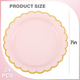 AimFun Pink Disposable Dessert Party Plates 7inch Gold Foil Scalloped Paper Plate for Christmas Bridal Baby Shower Wedding Tea Party Supplies