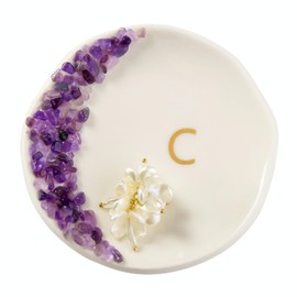 Maxsirui Ceramic Initials Ring Dish with Brazilian Amethyst Inlaid, Cute Room Decor Aesthetic, Decorative Jewelry Tray Trinket Dish, Engagement Wedding Birthday Christmas Gifts for Women (W)