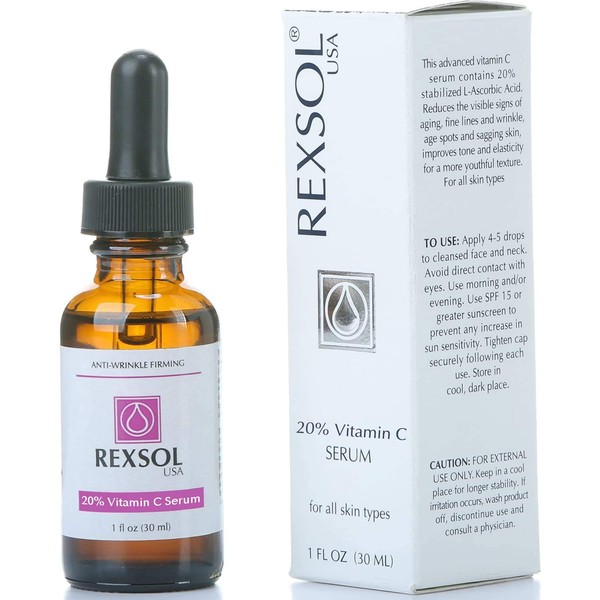 REXSOL 20% Vitamin C Serum Anti-wrinkle Firming | With Hyaluronic acid | Dark Circle & Sun Damage Corrector | Effectively minimizes the appearance of fine lines, wrinkle & age spots.(30 ml/1 fl oz)