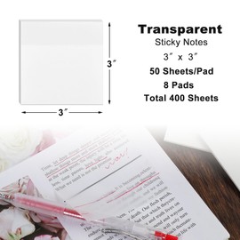 8 Pads Transparent Sticky Notes, 3x3 inch Clear Sticky Notes, 400 Sheets Self-Adhesive Waterproof Translucent Sticky Notes, See Through Sticky Notes for Annotation College School and Office Supplies