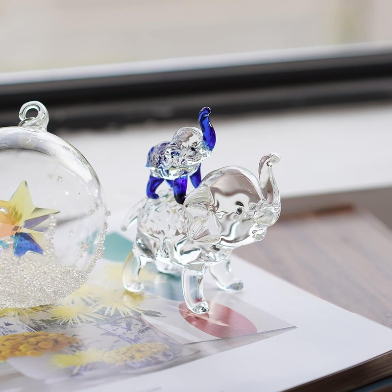 Crystal Elephant Figurines Mother Son Glass Elephants with Trunk Up