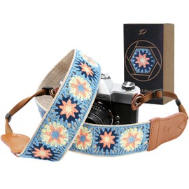 Padwa Lifestyle Hollow Crochet Pink Daisy Camera Strap - Double Layer Cowhide Ends,2" Cotton Vintage Camera Straps, Adjustable Neck & Shoulder Strap for All DSLR Cameras,Great Gift for Photographers