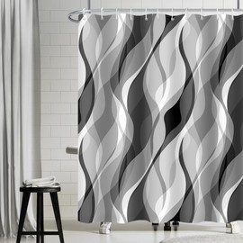 Shower Curtain, Grey, Uiiooazy Shower Curtain, Abstract Geometric Pattern, Stripes, Lines, Shower Curtains, Anti Mould, Waterproof Polyester Fabric, Washable Bathroom Curtain with 12 Hooks for