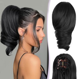 ZQIAN BEAUTY Clip on Ponytails for Women - 12 Inch Curly Black Ponytail Extension, Curly Pony Tails Hair Extensions, Synthetic Hair Extensions Ponytail, Natural Hair Pieces for Women (Color: Black)