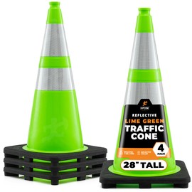 28” Lime Green Traffic Cone - Dual 6" & 4" Reflective Collar – 4 Pack - Multipurpose Premium PVC Safety Cone for Parking, Caution, Construction, Road Crews, Emergency Vehicle - Xpose Safety