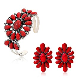QLYOVWE Bohemian Turquoise Statement Jewelry Set for Women Vintage Natural Turquoise Geometric Flower Stud Earrings Western Cowgirl Silver Engraved Cuff Bracelet Boho Ethnic Gift (Red)