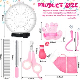 Therwen 8 Pcs Cat Bathing Bag Set Adjustable Pet Shower Net Bag Cat Helmet for Grooming Breathable Cat Muzzle Boots Paw Covers Nail Clipper Nail File Tick Tool Massage Brush Comb Pet Trimming Cleaning
