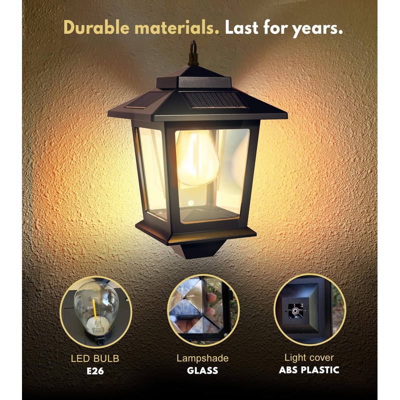 PASAMIC 2 Pack Solar Wall Lanterns with Replaceable Bulb,Outdoor Hanging