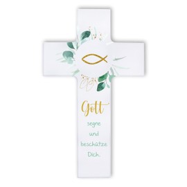 Fritz Cox - Wooden Cross Fish | God Bless and Protect You | Christian Gift for Children (White, 20 cm)
