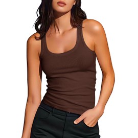 Artfish Women's Sleeveless Cotton Fitted Tank Top Form Fitting Scoop Neck Ribbed Knit Basic Cami Shirts (Brown, L)